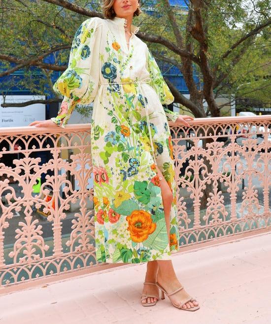 Kelly™ - Floral Print Balloon Sleeve Pocketed Belt Shirt Midi Dress