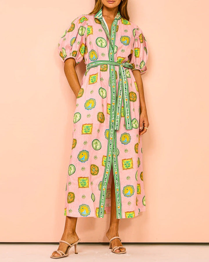 Orla™ - Balloon Sleeves Printed Belt Pocket Midi Dress