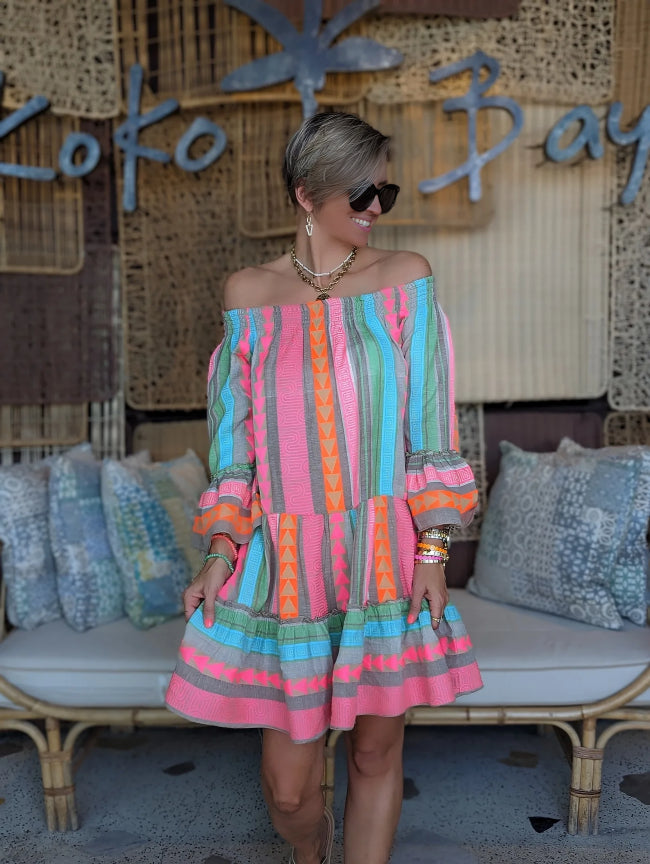 Mae - Ethnic-print off-shoulder mini dress