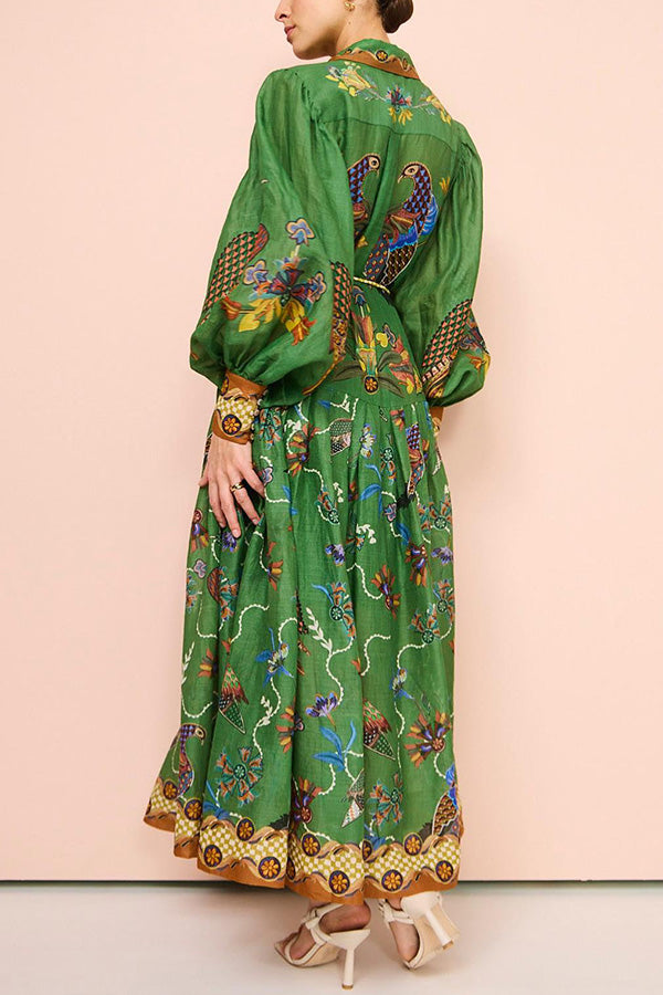 Lily™ - Heaven Bird Print Balloon Sleeve Dress