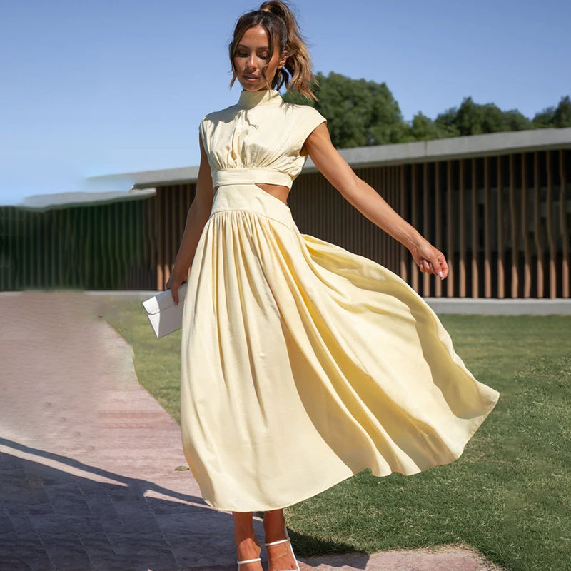 DINA | PLEATED DRESS WITH HIGH NECK